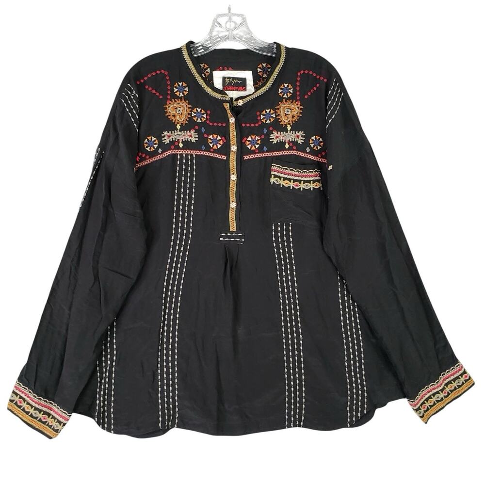 BIYA Johnny Was Silk Blouse Womens XL Black Ozee Embroidered Boho Top Shirt - Picture 2 of 8